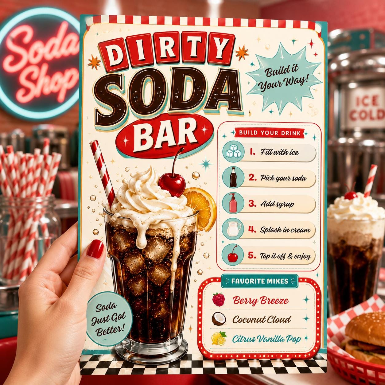Dirty Soda Bar Sign, Retro Drink Station Recipe Menu Editable Printable Canva Template - Image 6