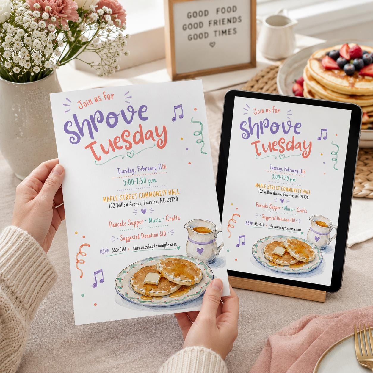 Shrove Tuesday Invitation, Pancake Supper Community Event Flyer Editable Printable Canva Template - Image 4