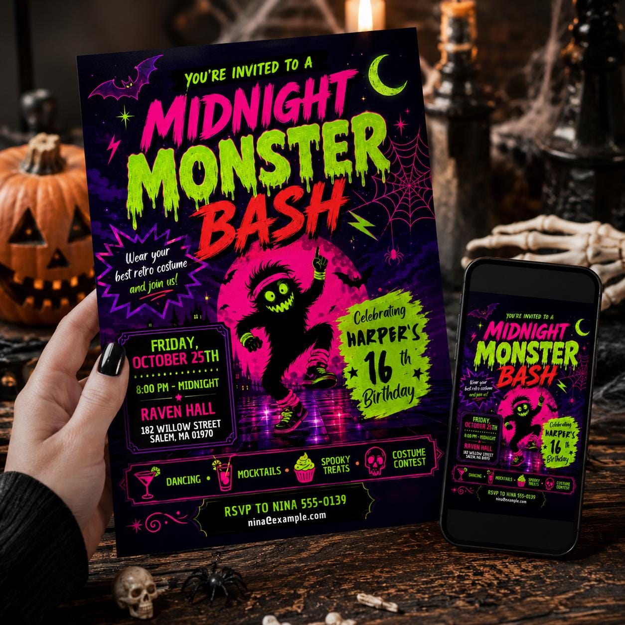 Neon Halloween Birthday Invitation, Monster Bash 16th Teen Costume Party Editable Canva Template - Image 3