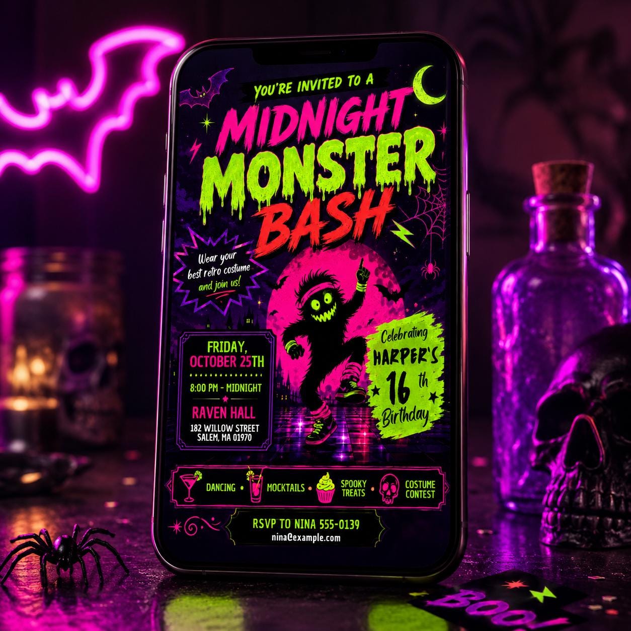 Neon Halloween Birthday Invitation, Monster Bash 16th Teen Costume Party Editable Canva Template - Image 6