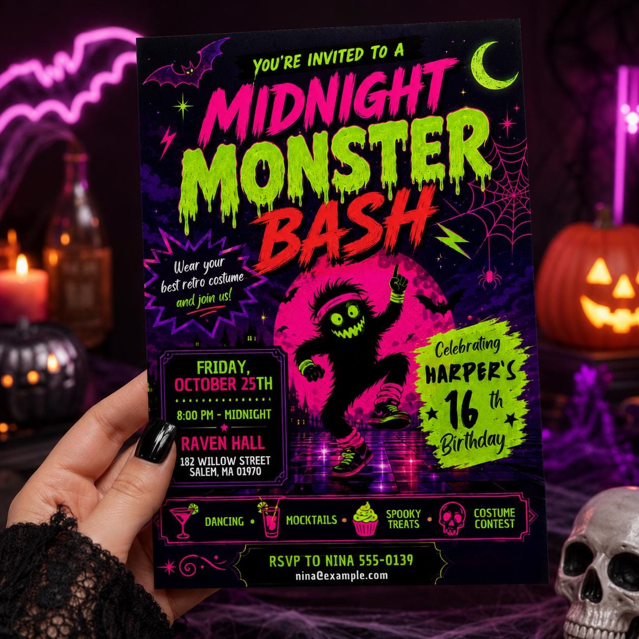 Neon Halloween Birthday Invitation, Monster Bash 16th Teen Costume Party Editable Canva Template - Image 5