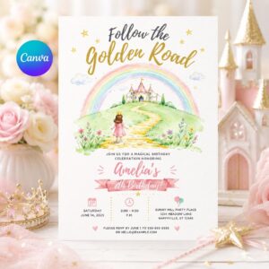 Princess Birthday Invitation, Golden Road Rainbow Castle 8th Birthday Girl Editable Canva Template