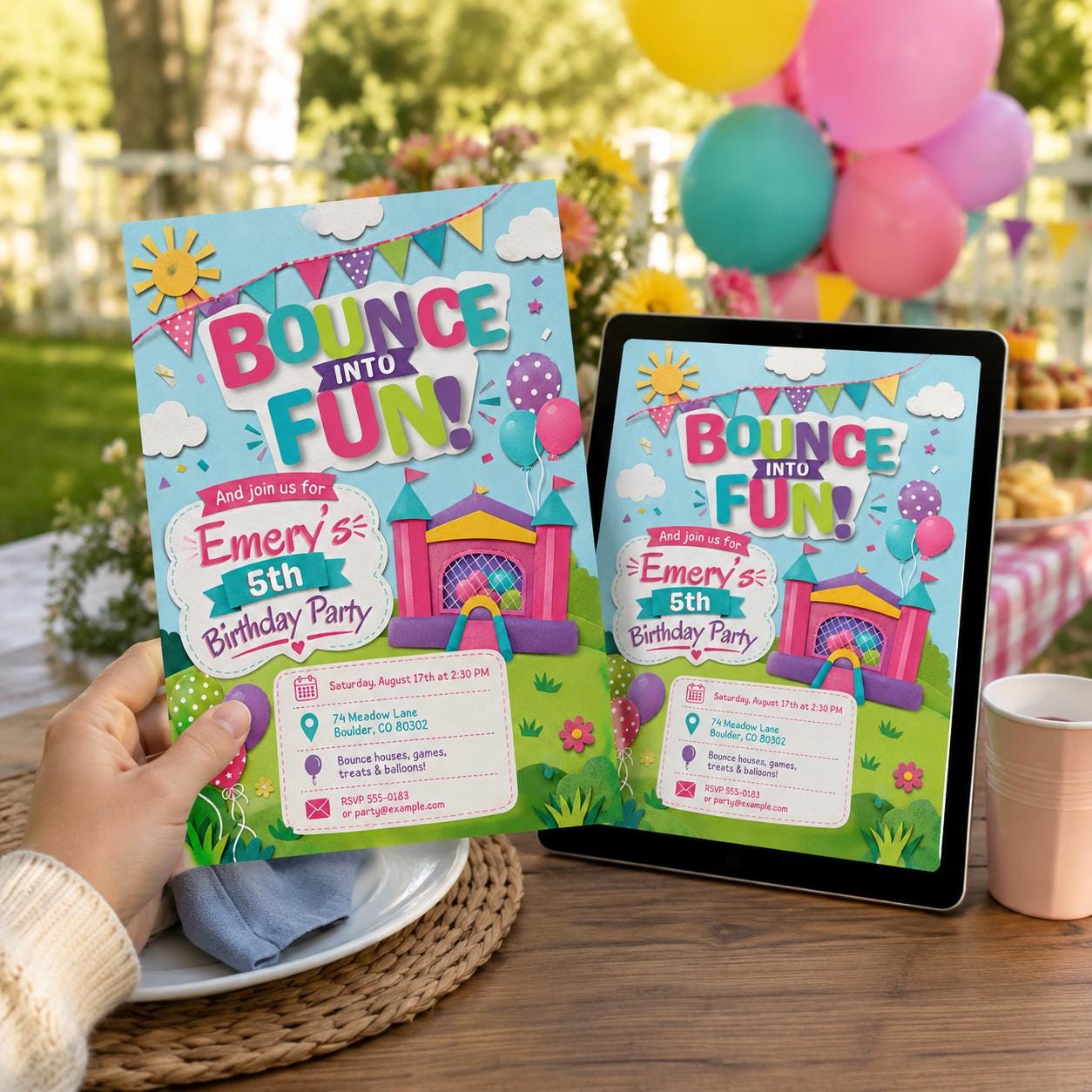 Bounce House Birthday Invitation, Colorful 5th Birthday Jump Party Editable Printable Canva Template - Image 3