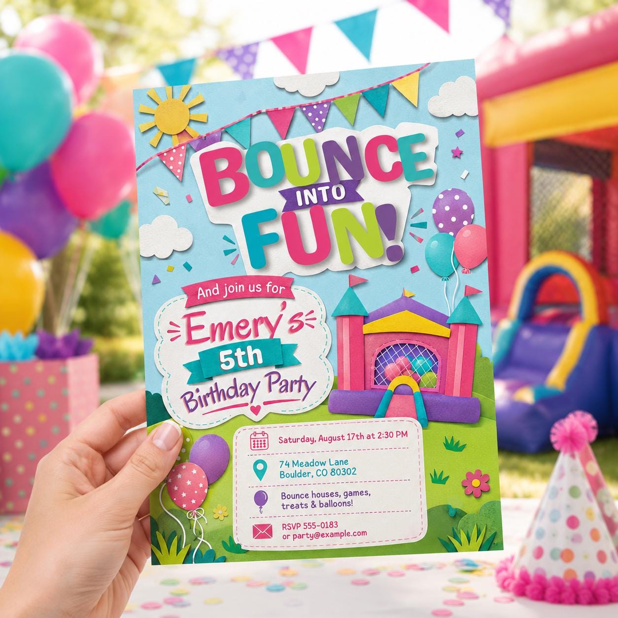 Bounce House Birthday Invitation, Colorful 5th Birthday Jump Party Editable Printable Canva Template - Image 6