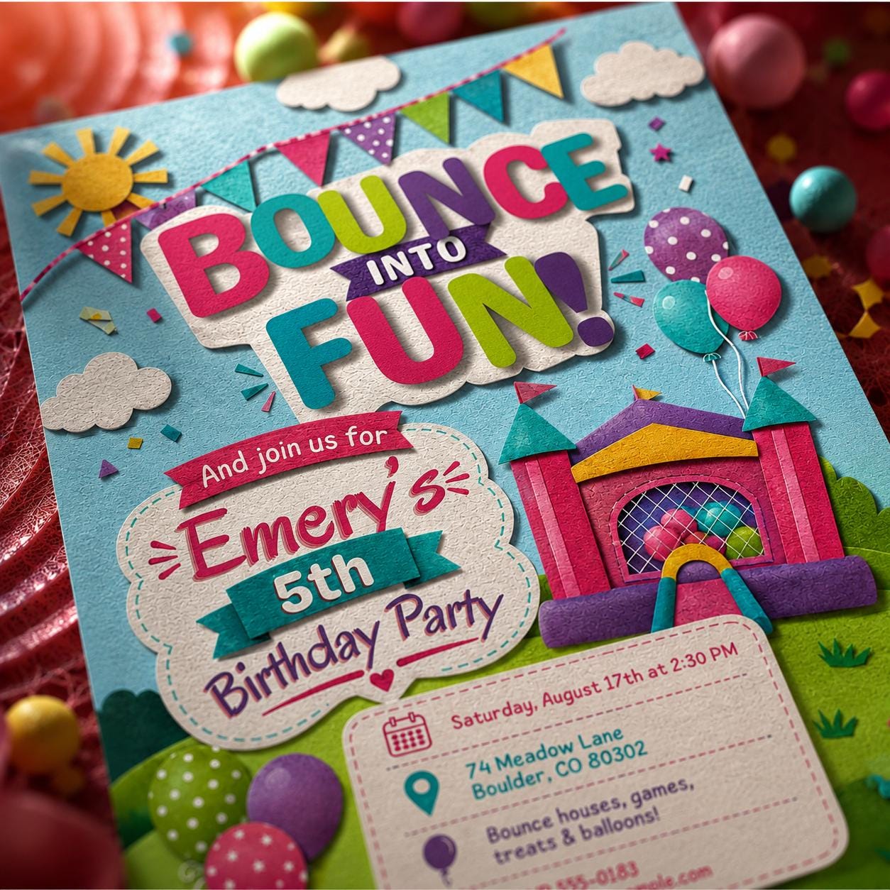 Bounce House Birthday Invitation, Colorful 5th Birthday Jump Party Editable Printable Canva Template - Image 5