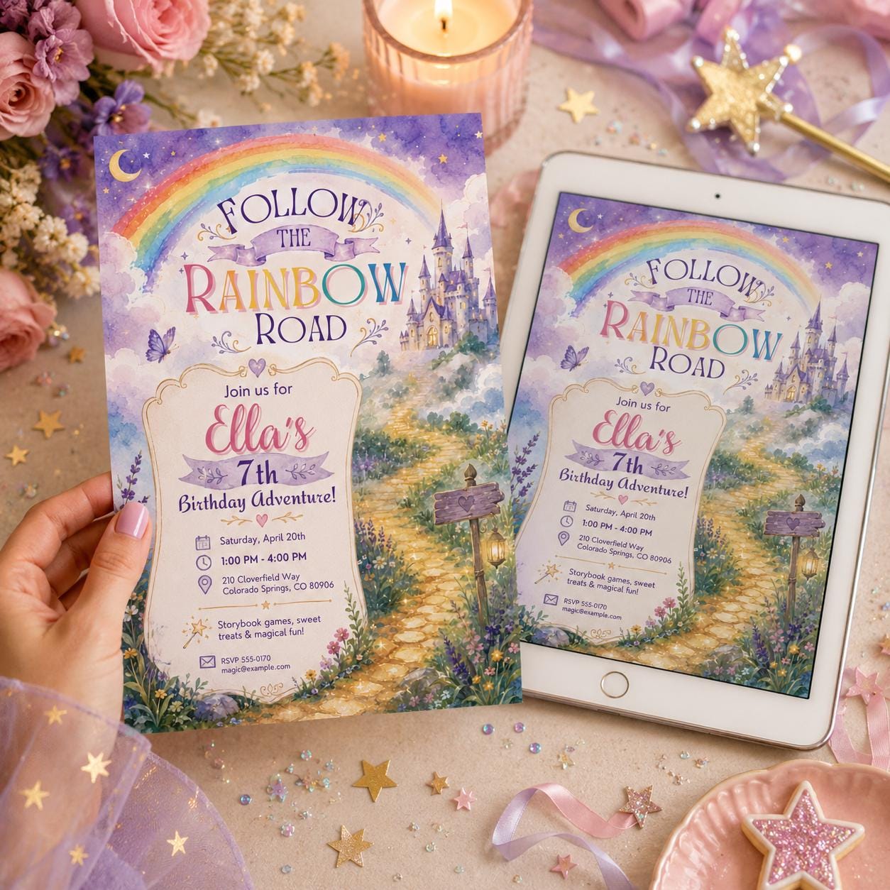Rainbow Princess Birthday Invitation, Fairytale Castle 7th Birthday Girl Editable Canva Template - Image 4
