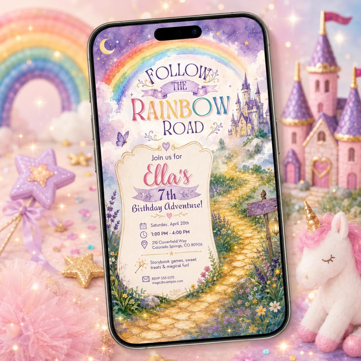 Rainbow Princess Birthday Invitation, Fairytale Castle 7th Birthday Girl Editable Canva Template - Image 6