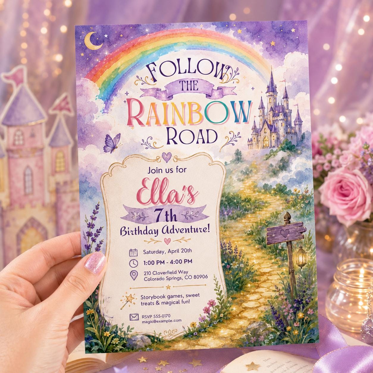 Rainbow Princess Birthday Invitation, Fairytale Castle 7th Birthday Girl Editable Canva Template - Image 5