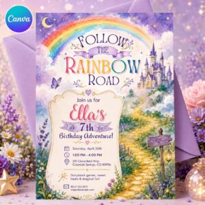 Rainbow Princess Birthday Invitation, Fairytale Castle 7th Birthday Girl Editable Canva Template