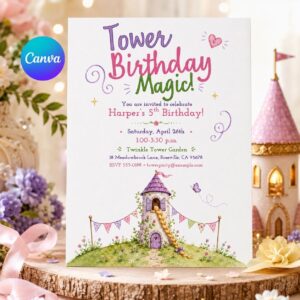Princess Tower Birthday Invitation, Fairytale 5th Birthday Girl Editable Printable Canva Template