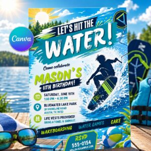 Wakeboarding Birthday Invitation, Water Sports 11th Birthday Boy Editable Printable Canva Template