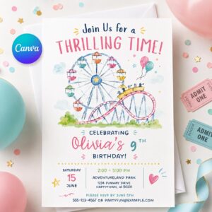 Amusement Park Birthday Invitation, Roller Coaster 9th Birthday Girl Party Editable Printable Canva Template