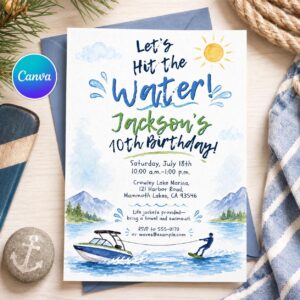 Water Ski Birthday Invitation, Lake Party 10th Birthday Wakeboarding Editable Printable Canva Template
