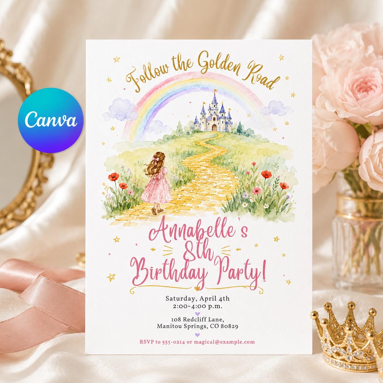 Rainbow Castle Birthday Invitation, Golden Road Princess Party Invite, Watercolor Fairytale Girl 8th Birthday, Editable Canva Template