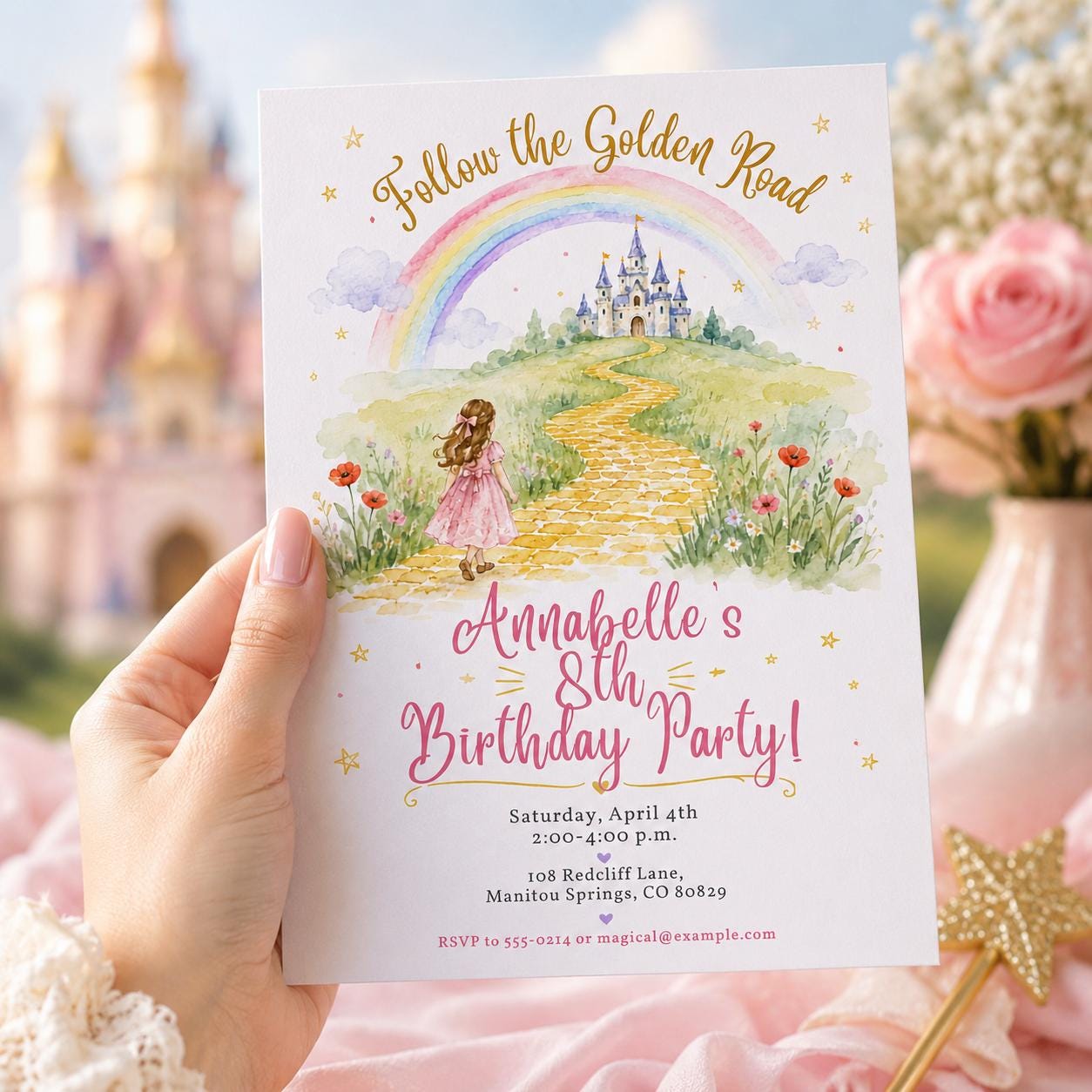 Rainbow Castle Birthday Invitation, Golden Road Princess Party Invite, Watercolor Fairytale Girl 8th Birthday, Editable Canva Template - Image 6
