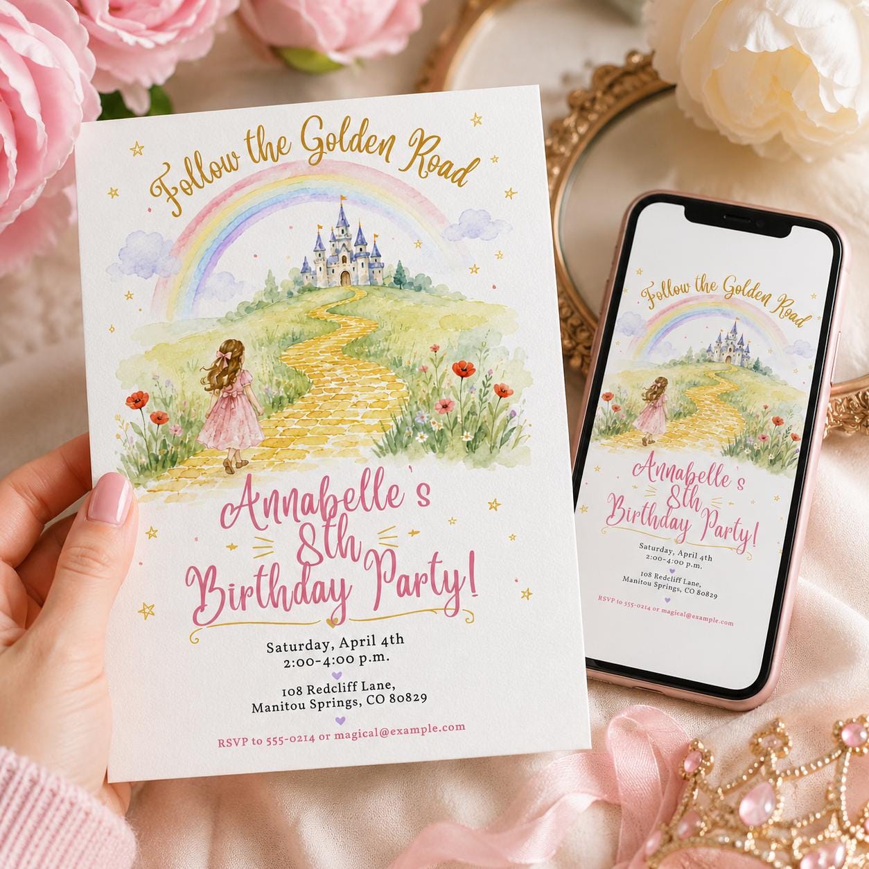 Rainbow Castle Birthday Invitation, Golden Road Princess Party Invite, Watercolor Fairytale Girl 8th Birthday, Editable Canva Template - Image 5