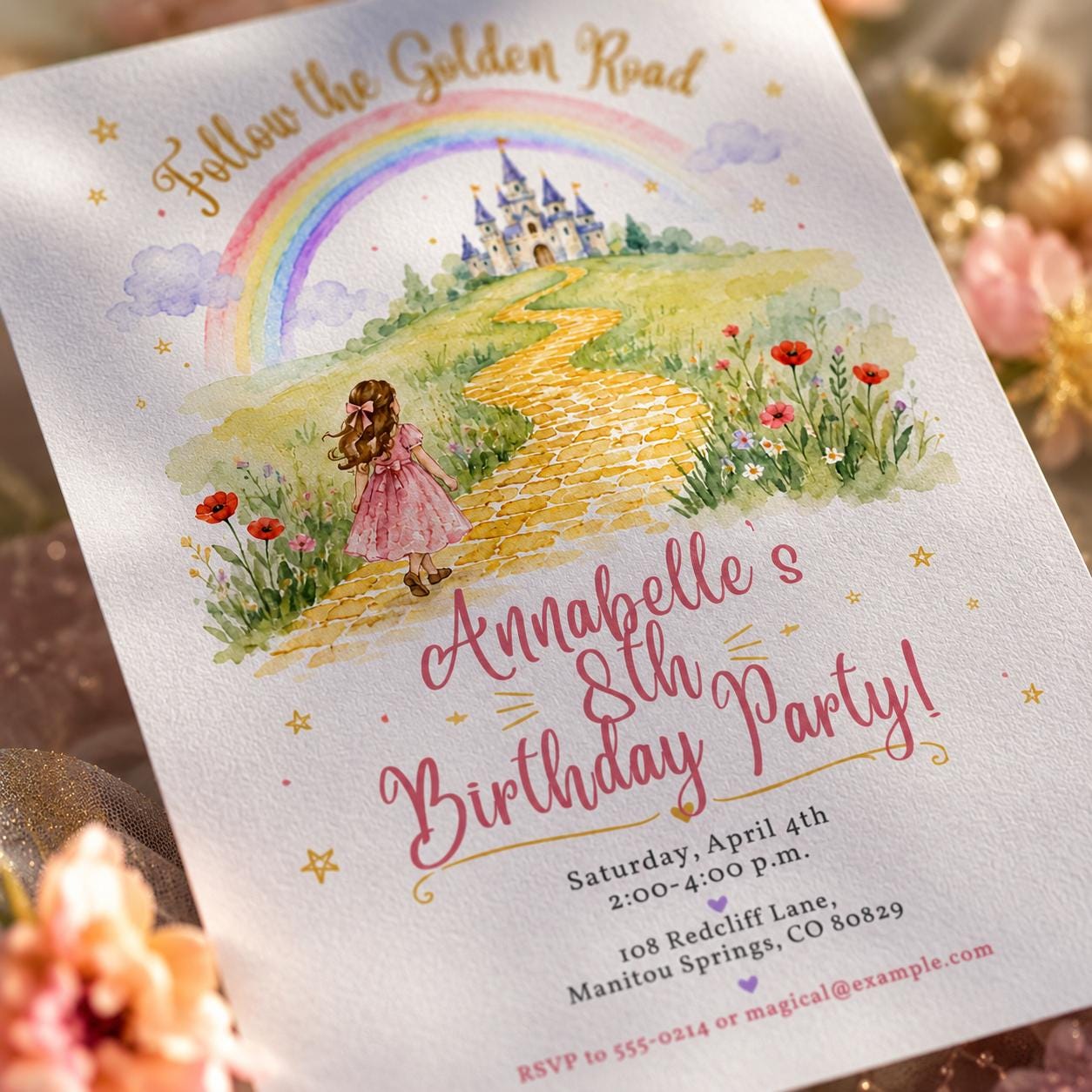 Rainbow Castle Birthday Invitation, Golden Road Princess Party Invite, Watercolor Fairytale Girl 8th Birthday, Editable Canva Template - Image 4