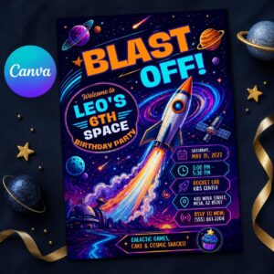Neon Space Birthday Invitation, Blast Off Rocket Party Invite, Galaxy Planets Boy 6th Birthday, Editable Printable Canva Template