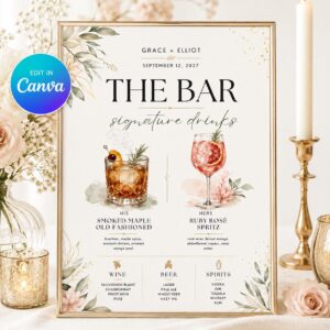 Wedding Bar Menu Sign, Signature Drinks Template, His and Hers Cocktails, Elegant Floral Reception Printable Canva Template