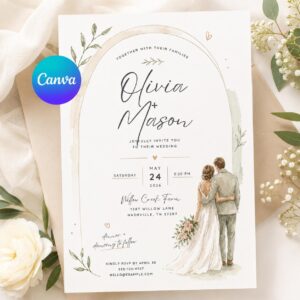 Watercolor Wedding Invitation, Minimalist Botanical Arch Invite, Romantic Bride and Groom Illustration, Editable Printable Canva Template
