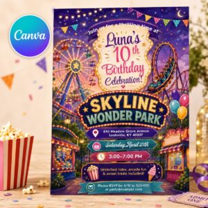 Amusement Park Birthday Invitation, Roller Coaster Carnival 10th Girl Party Editable Printable Canva Template