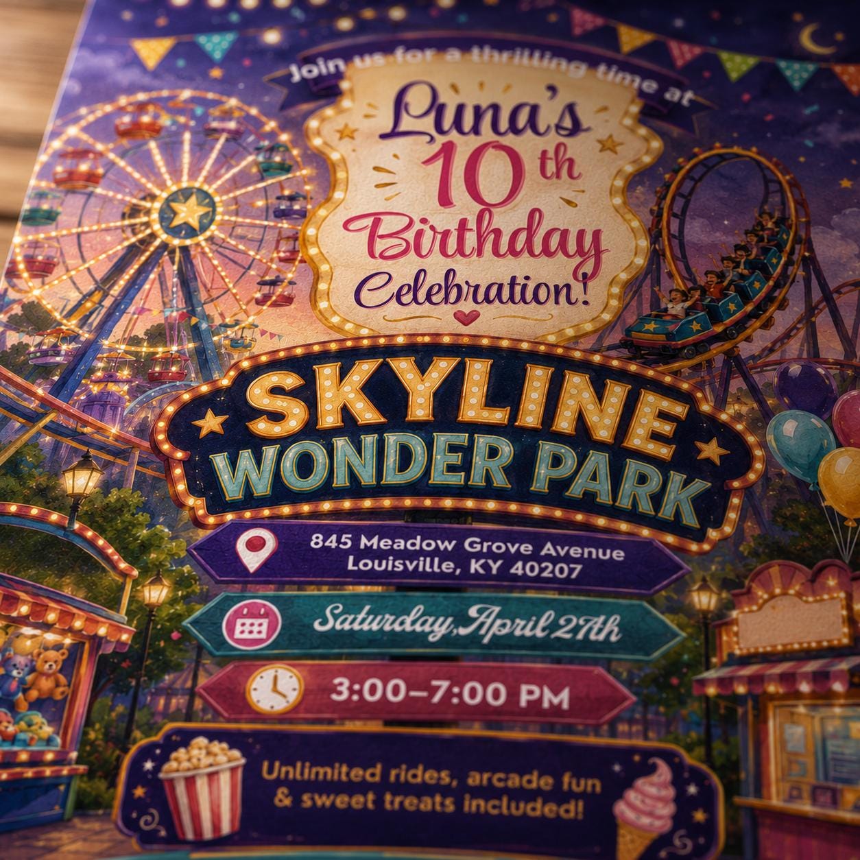 Amusement Park Birthday Invitation, Roller Coaster Carnival 10th Girl Party Editable Printable Canva Template - Image 3