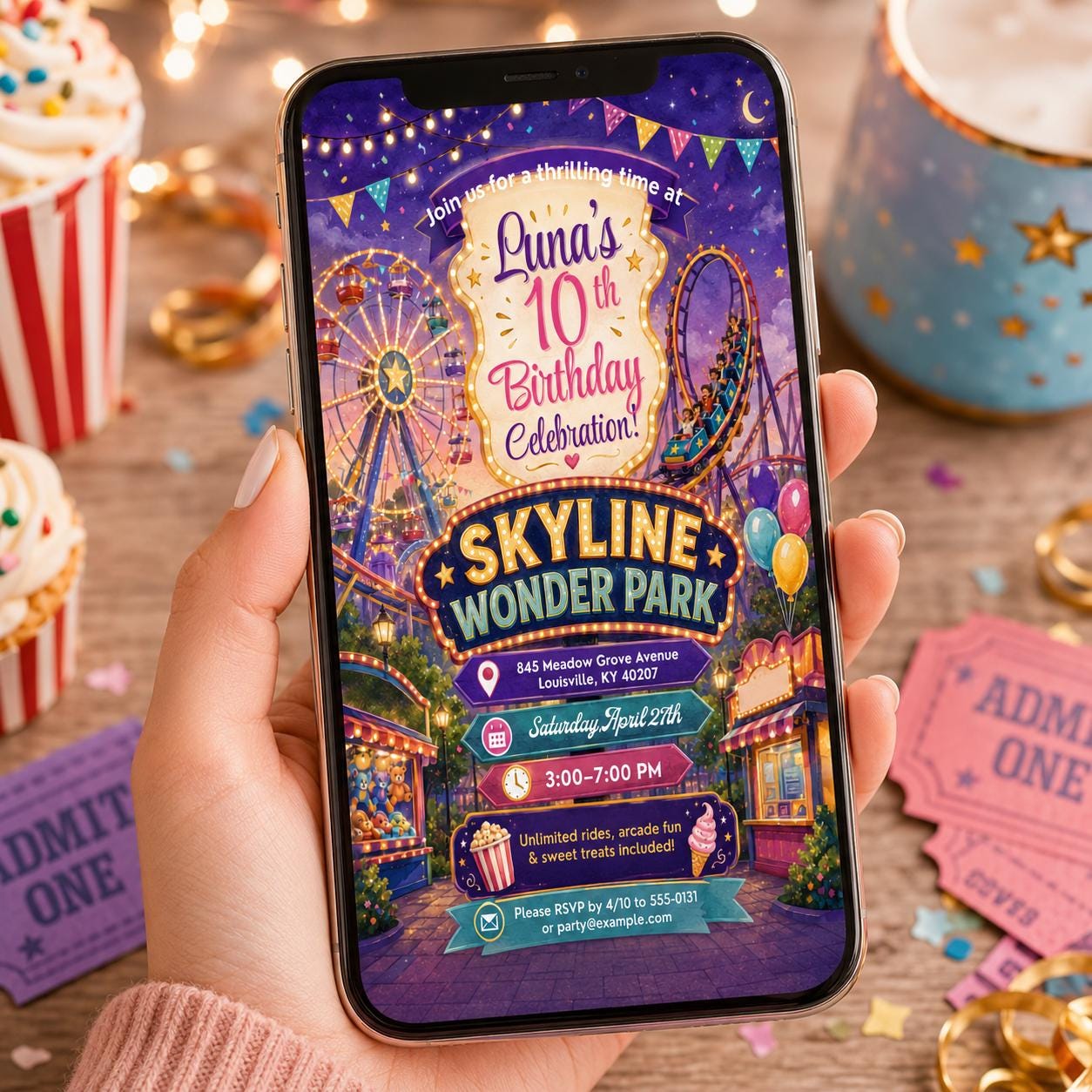 Amusement Park Birthday Invitation, Roller Coaster Carnival 10th Girl Party Editable Printable Canva Template - Image 6