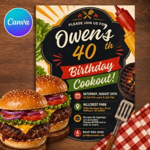 40th Birthday Cookout Invitation, Backyard BBQ Grill Party Editable Printable Canva Template