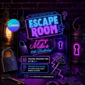 Escape Room Birthday Invitation, Neon Mystery Puzzle 16th Teen Party Editable Printable Canva Template