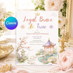 Royal Celebration Invitation Template, Asian Princess Birthday Invitation, Cherry Blossom Garden 6th Girl Party Editable Canva Template