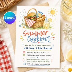 Summer Cookout Invitation, Backyard BBQ Picnic Party Editable Printable Canva Template