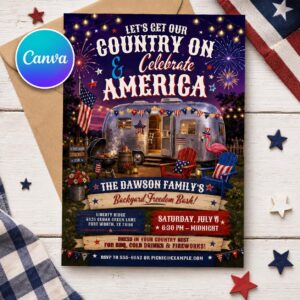 4th of July Party Invitation, Patriotic RV Camping Backyard BBQ Editable Printable Canva Template