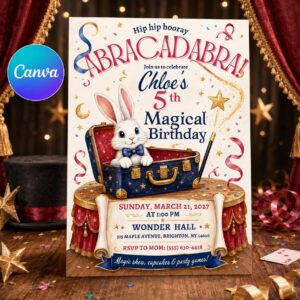 Magic Show Birthday Invitation, Abracadabra Bunny Girl 5th Birthday Editable Printable Canva Template