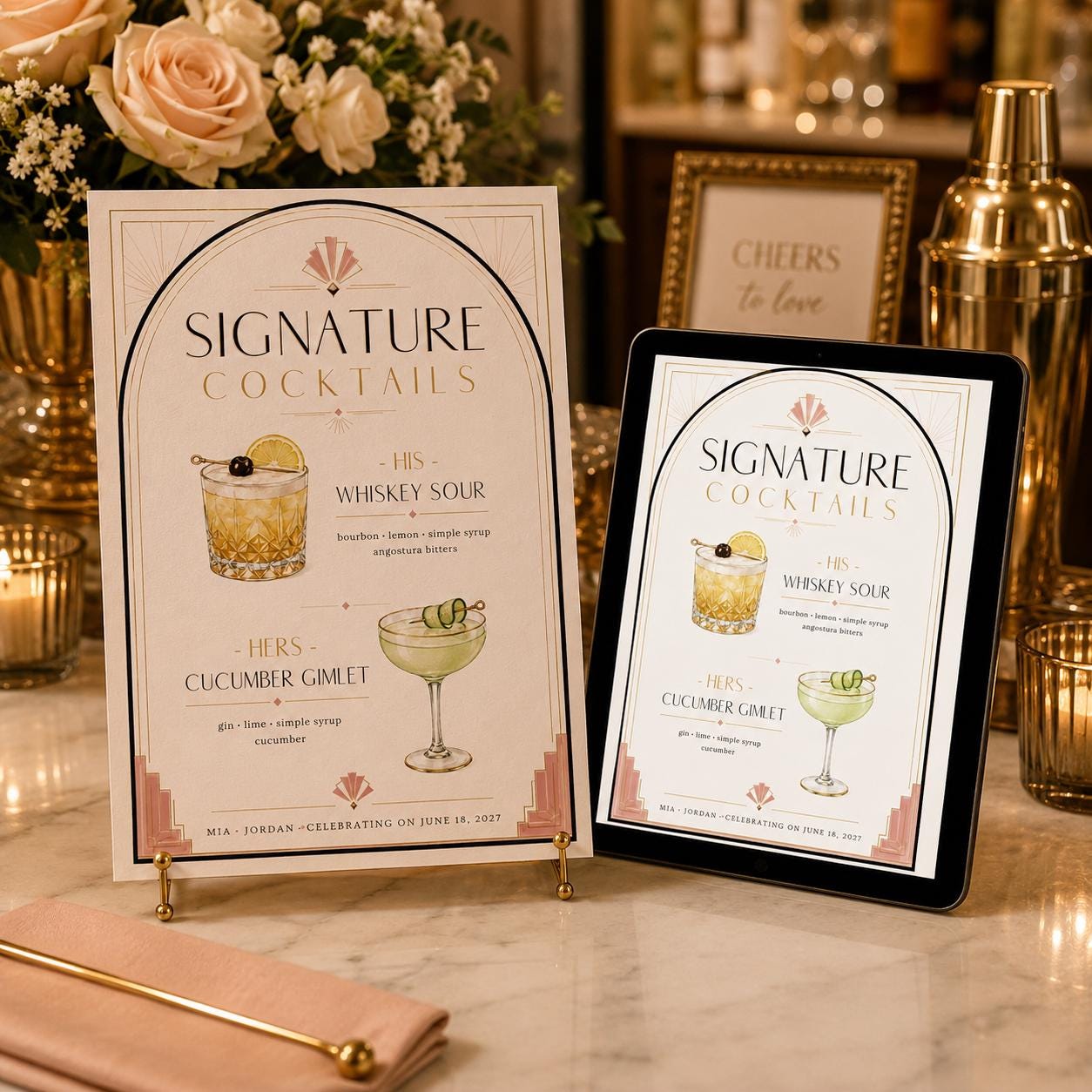 Signature Cocktail Menu, Art Deco Wedding Bar Sign His and Hers Drinks Editable Printable Canva Template - Image 3