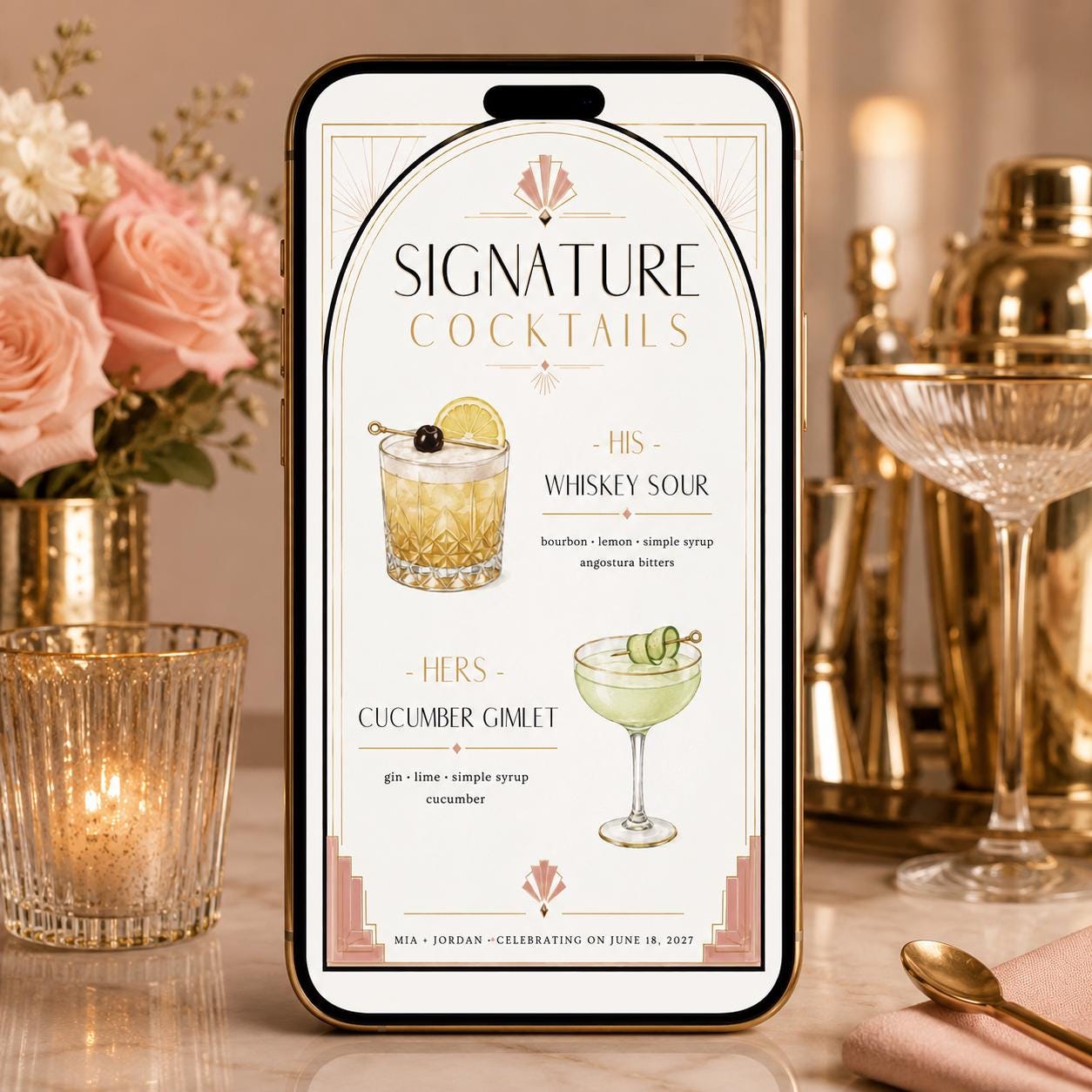 Signature Cocktail Menu, Art Deco Wedding Bar Sign His and Hers Drinks Editable Printable Canva Template - Image 4