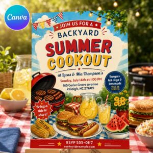 Backyard BBQ Invitation, Summer Cookout Party Invite, Retro Grill Out Picnic Potluck Editable Printable Canva Template