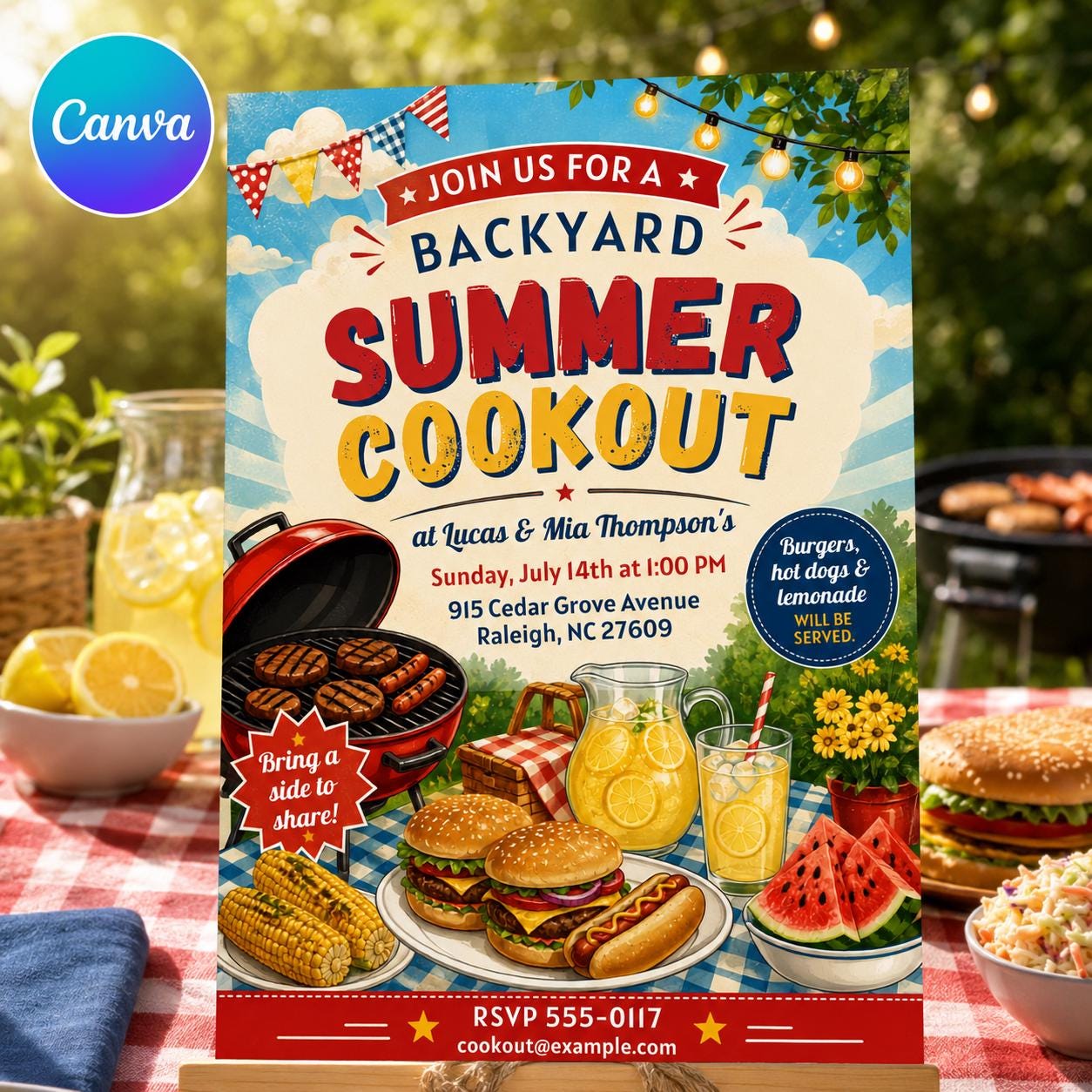 Backyard BBQ Invitation, Summer Cookout Party Invite, Retro Grill Out Picnic Potluck Editable Printable Canva Template