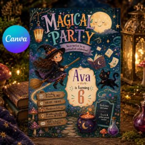 Kids Halloween Invitation, Spooktacular Costume Party Invite, Cute Witch Vampire Cat Pumpkin Editable Printable Canva Template