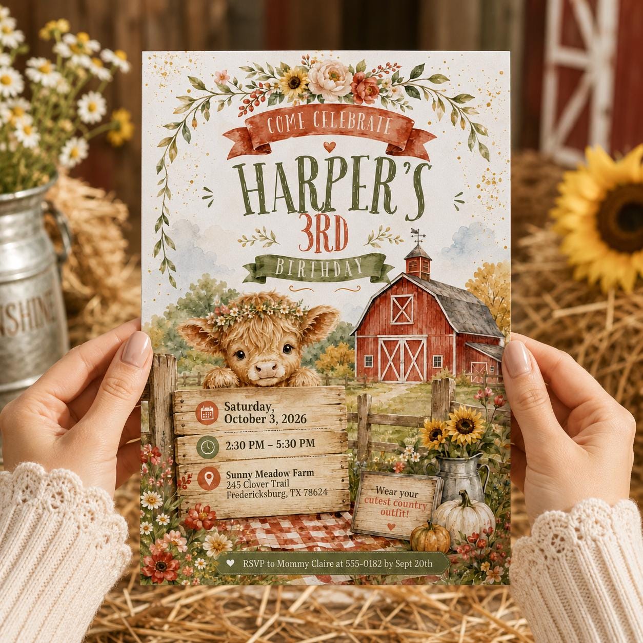 Highland Cow Birthday Invitation, Rustic Farm Girl 3rd Birthday Party, Fall Barnyard Editable Printable Canva Template - Image 6