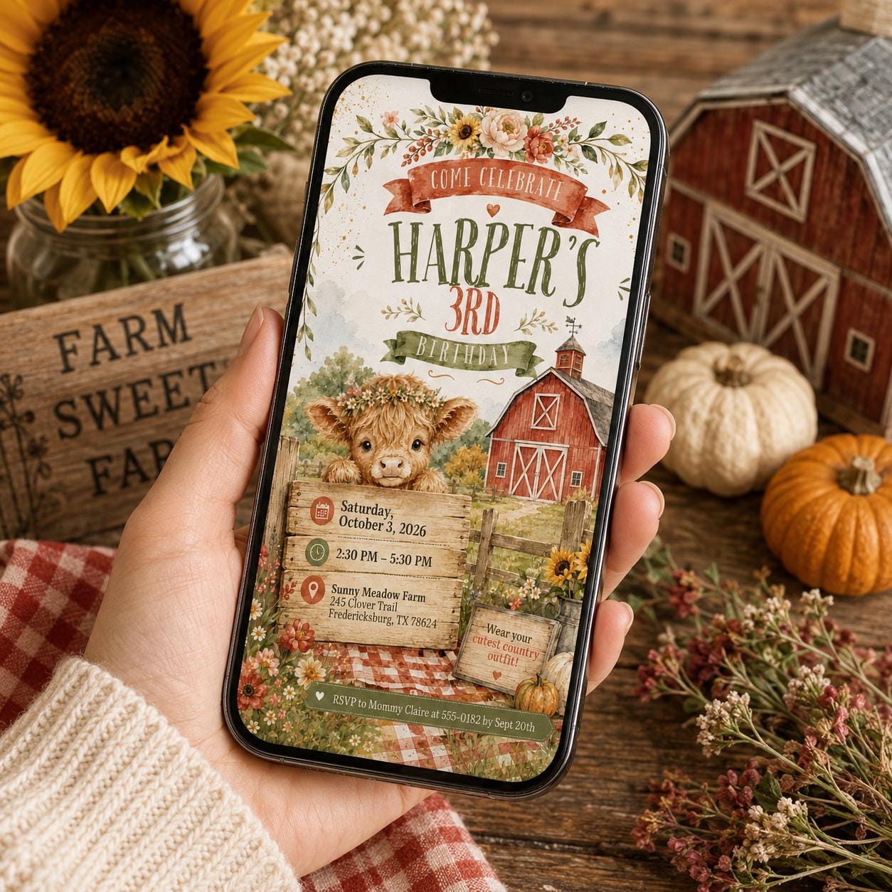 Highland Cow Birthday Invitation, Rustic Farm Girl 3rd Birthday Party, Fall Barnyard Editable Printable Canva Template - Image 5