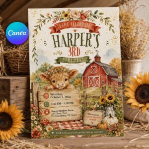 Highland Cow Birthday Invitation, Rustic Farm Girl 3rd Birthday Party, Fall Barnyard Editable Printable Canva Template