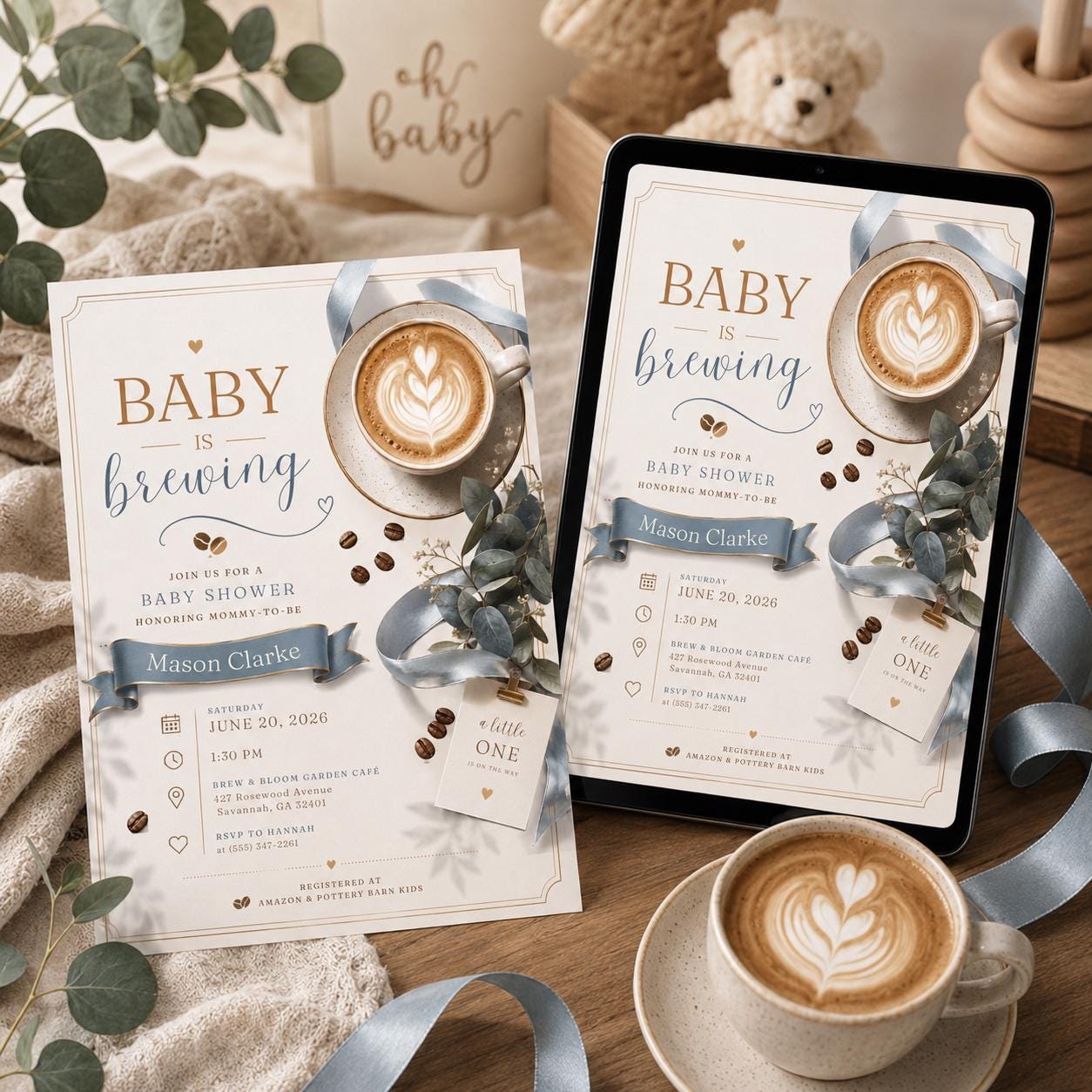 Baby Is Brewing Baby Shower Invitation, Coffee Theme Boy or Gender Neutral Editable Printable Canva Template - Image 3