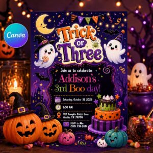 Trick or Three Birthday Invitation, Cute Halloween 3rd Birthday Ghost Pumpkin Party, Editable Printable Canva Template