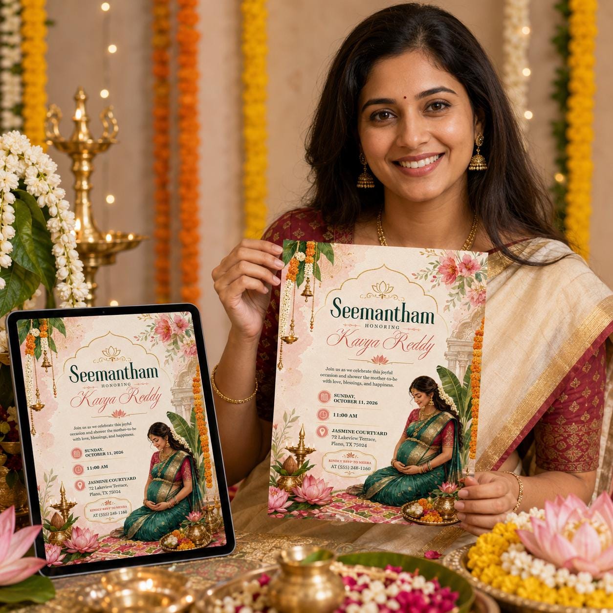 Indian Baby Shower Invitation, Seemantham Valaikappu Ceremony, Traditional South Indian Editable Printable Canva Template - Image 4