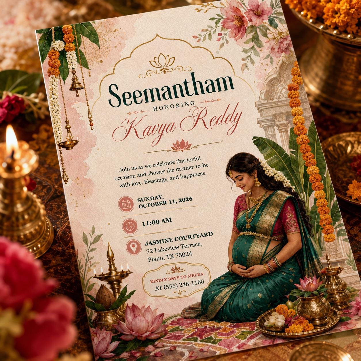 Indian Baby Shower Invitation, Seemantham Valaikappu Ceremony, Traditional South Indian Editable Printable Canva Template - Image 3