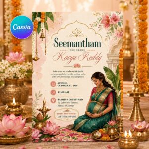 Indian Baby Shower Invitation, Seemantham Valaikappu Ceremony, Traditional South Indian Editable Printable Canva Template