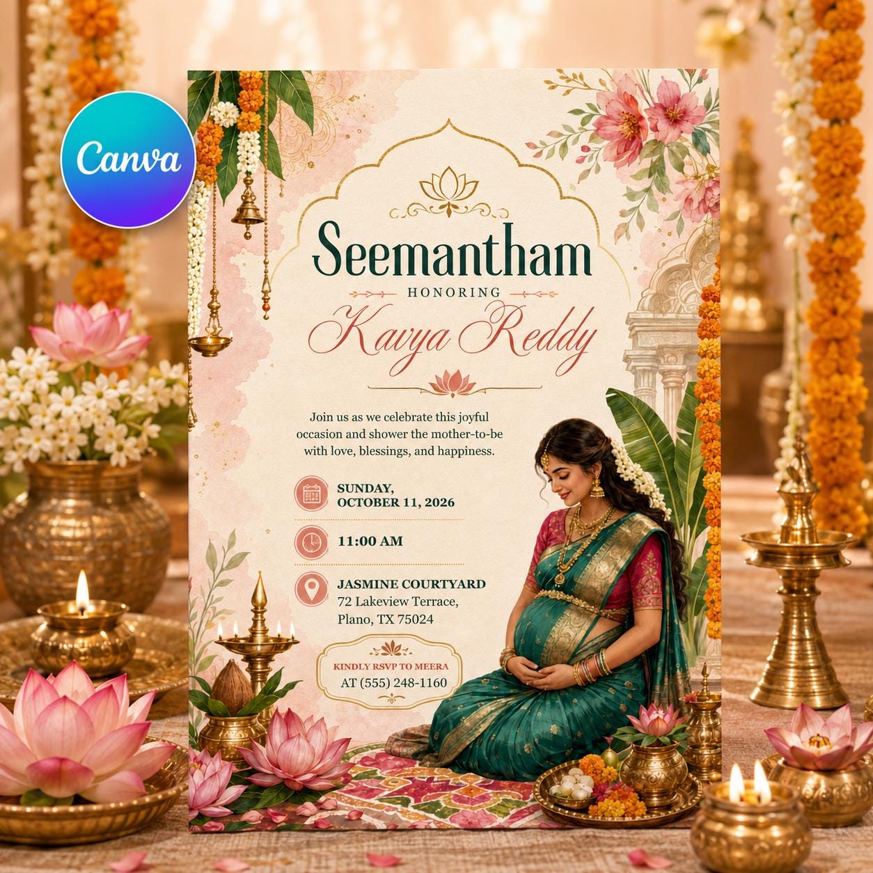 Indian Baby Shower Invitation, Seemantham Valaikappu Ceremony, Traditional South Indian Editable Printable Canva Template