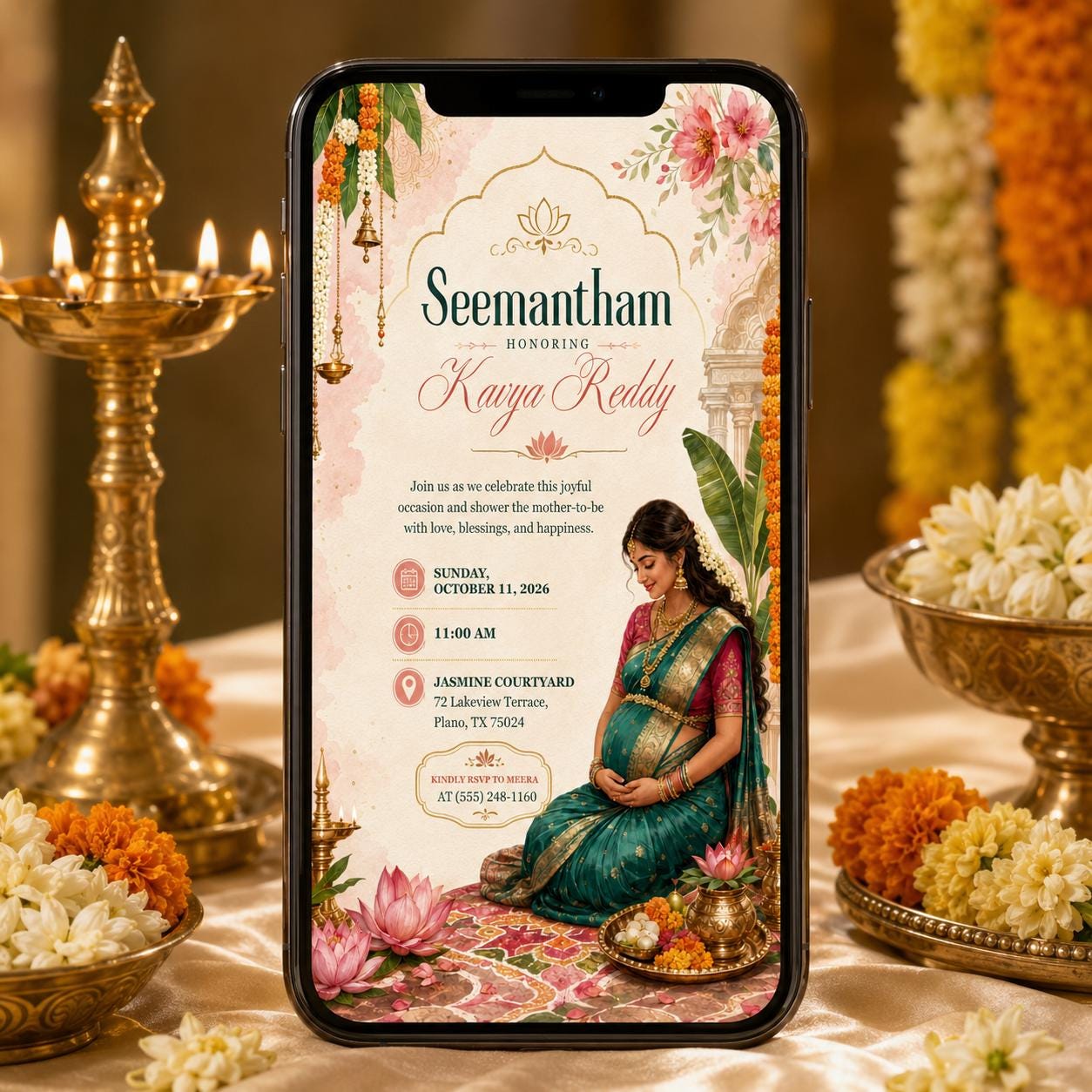 Indian Baby Shower Invitation, Seemantham Valaikappu Ceremony, Traditional South Indian Editable Printable Canva Template - Image 6