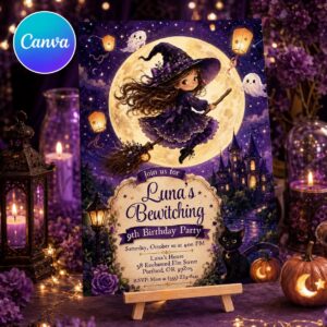 Witch Birthday Invitation, Purple Halloween Girl 9th Birthday Party, Cute Black Cat Editable Printable Canva Template