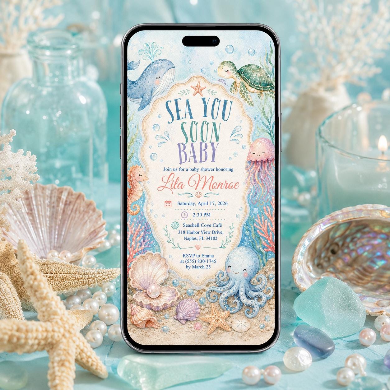 Under the Sea Baby Shower Invitation, Sea You Soon Ocean Animals Editable Printable Canva Template - Image 3